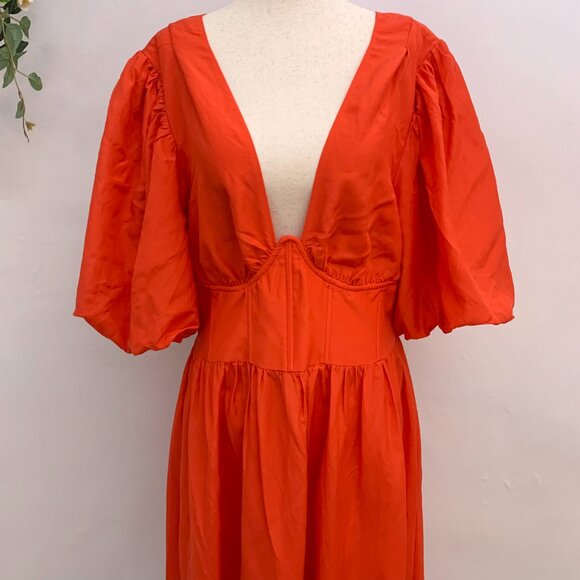 Farm Rio Orange Puffy Sleeved Corset Midi Dress Size XL - Picture 5 of 14